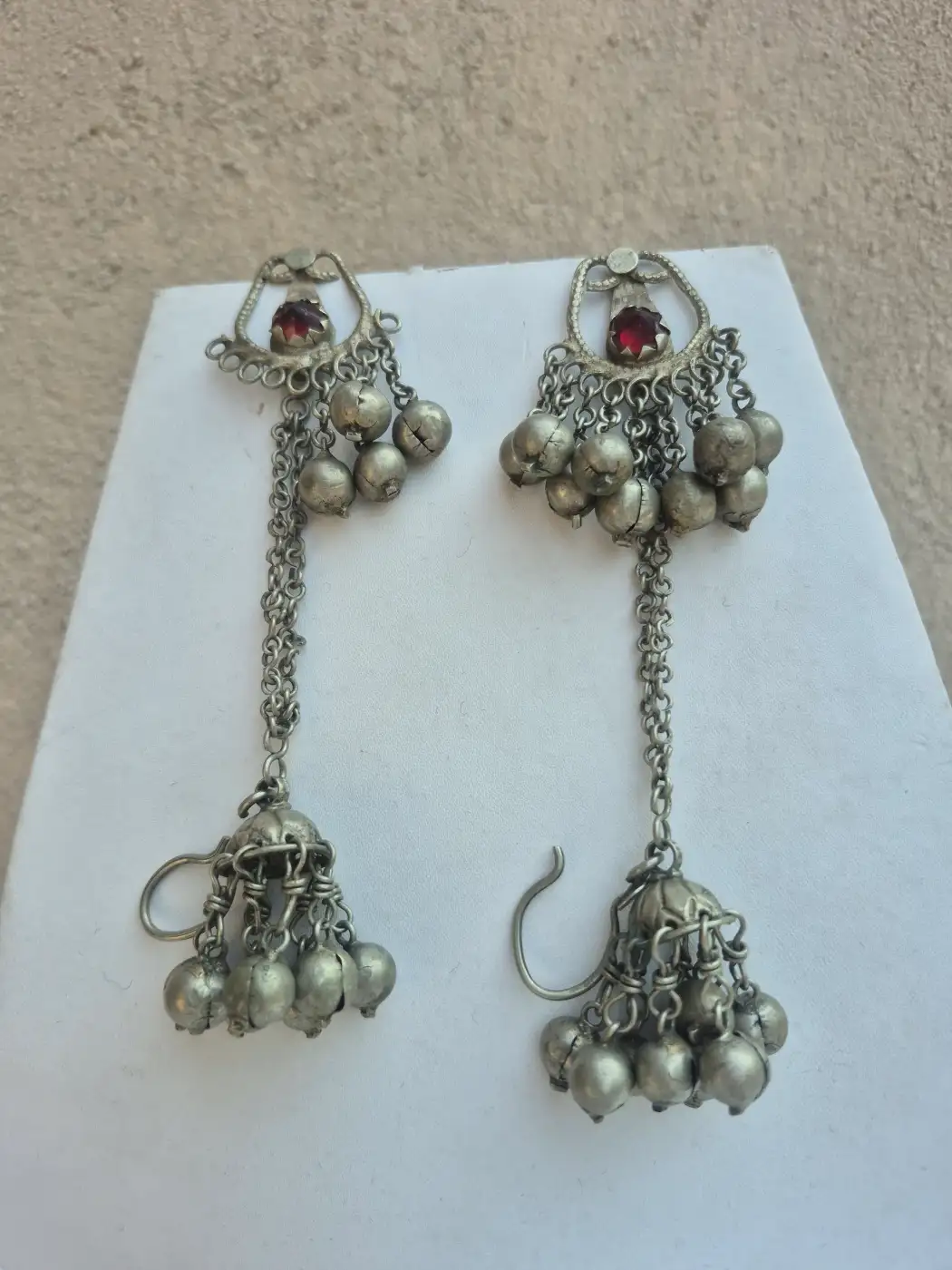 Handmade Kashmiri Jhumka Earrings Adaa with Red Stone Chain Drop