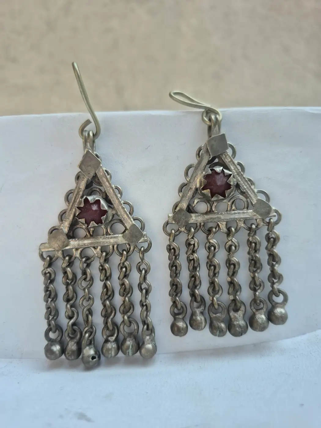 Mehnoor Kashmiri Handmade Jhumka Earrings with Red Stone Chain Fringe