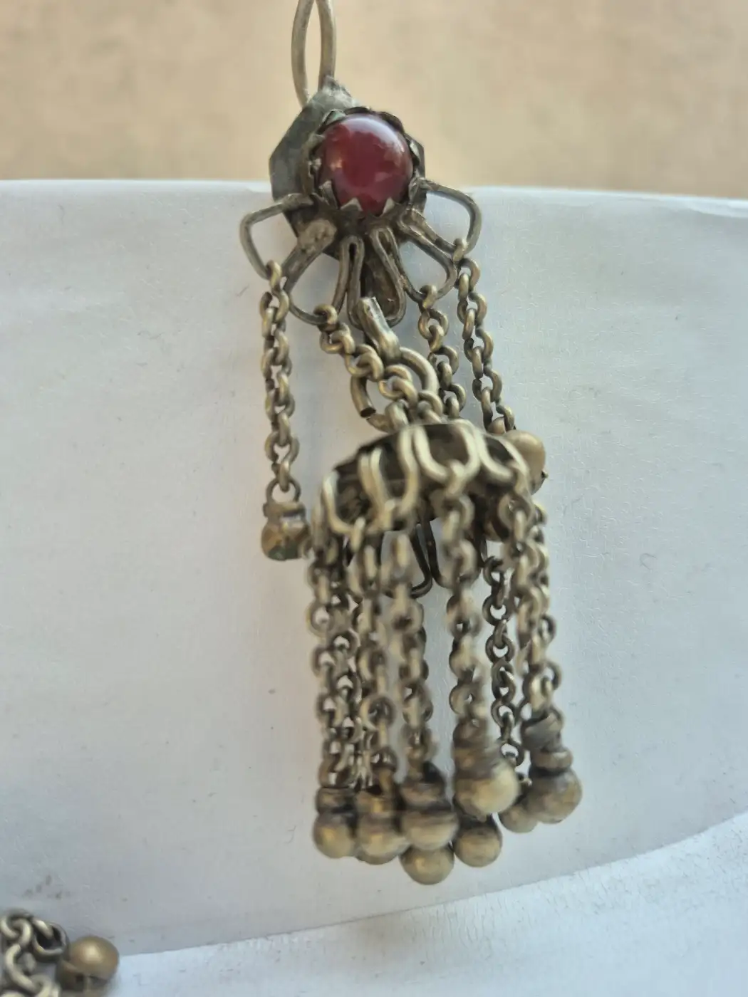 Kashmiri Rangeen Handmade Jhumka Earrings with Red Stone Dome Fringe - Image 2