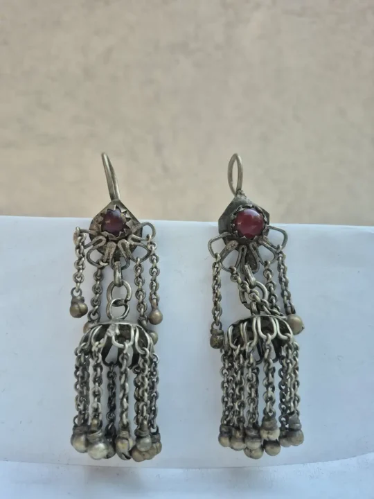 Kashmiri Rangeen Handmade Jhumka Earrings with Red Stone Dome Fringe