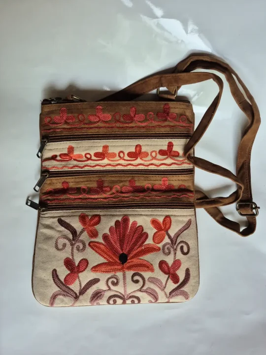 Kashmiri Pari 5 Zipper Suede Leather Sling Bag for Women with Aari Embroidery
