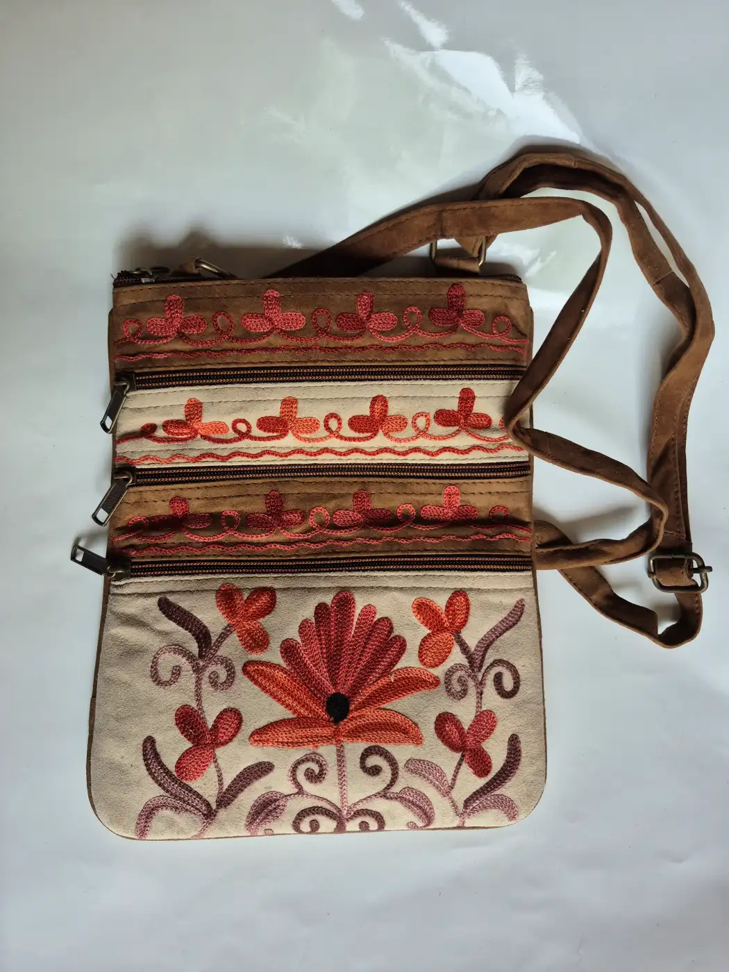 Kashmiri Pari 5 Zipper Suede Leather Sling Bag for Women with Aari Embroidery