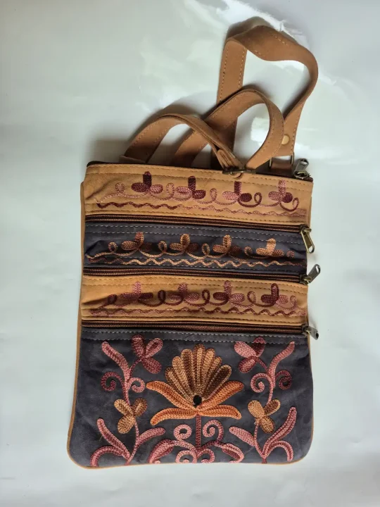 Nishat Kashmiri 5 Zipper Suede Leather Sling Bag for Women with Aari Embroidery