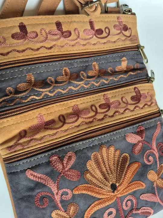 Nishat Kashmiri 5 Zipper Suede Leather Sling Bag for Women with Aari Embroidery - Image 2