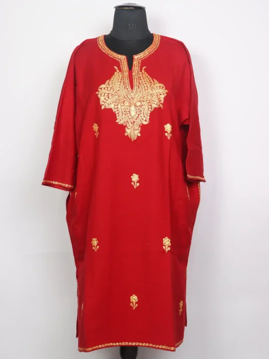 Mehjoor Kashmiri Red Cashmilon Pheran for Women with Botte Tilla Work