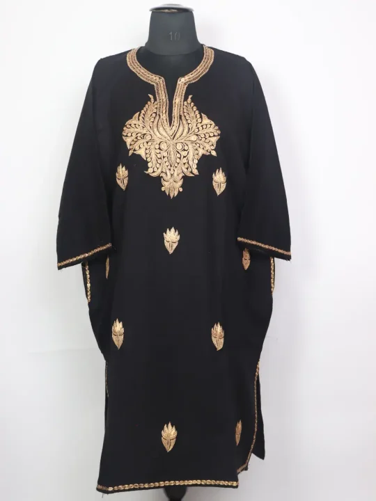 Kashmiri Black Cashmilon Pheran for Women with Golden Botte Tilla Kadhai