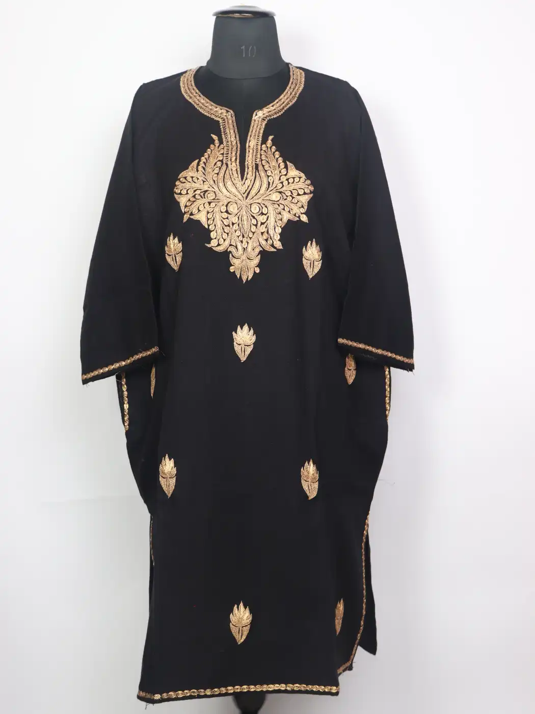 Kashmiri Black Cashmilon Pheran for Women with Golden Botte Tilla Kadhai