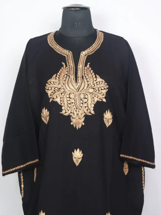 Kashmiri Black Cashmilon Pheran for Women with Golden Botte Tilla Kadhai - Image 2