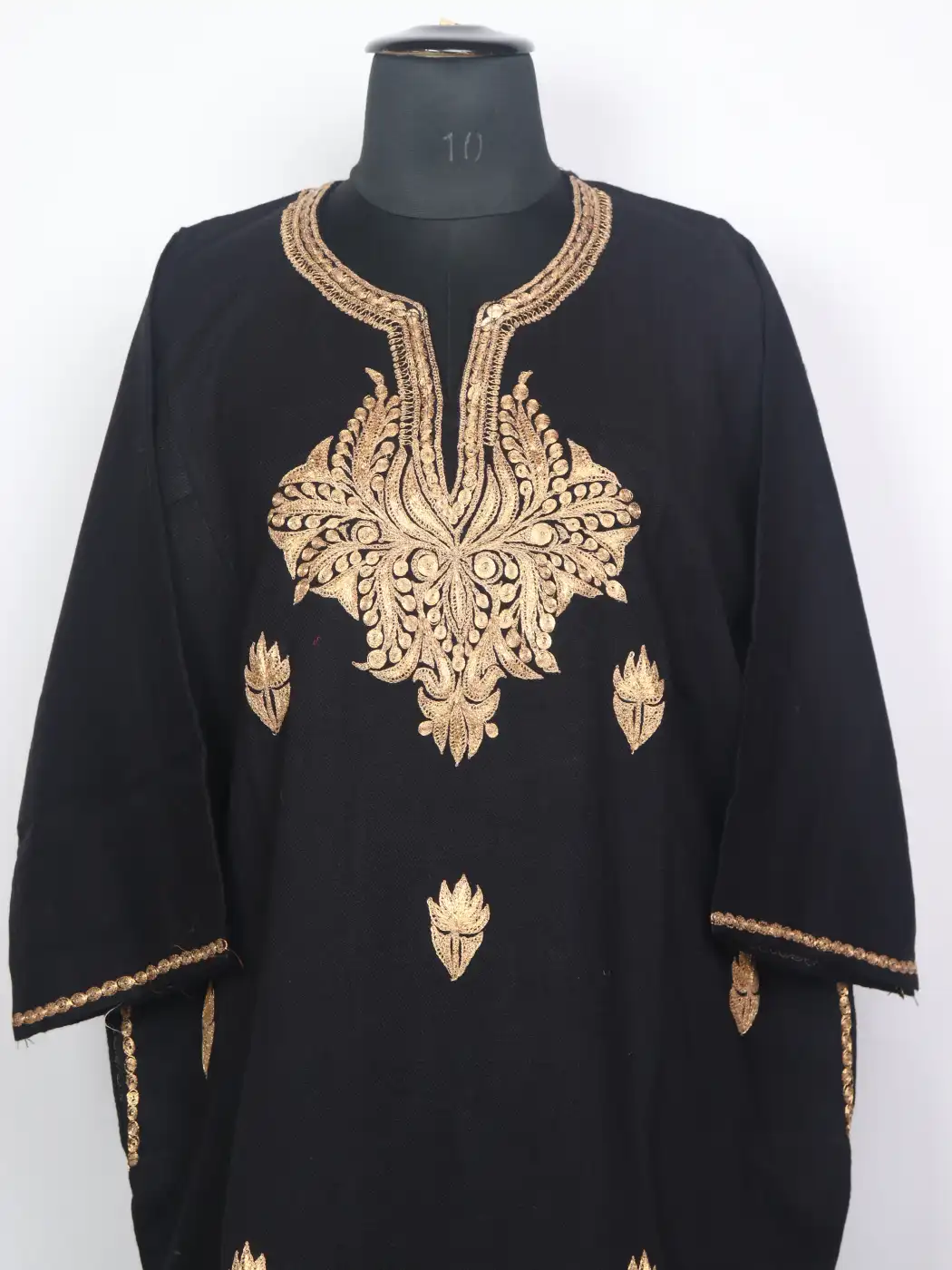 Kashmiri Black Cashmilon Pheran for Women with Golden Botte Tilla Kadhai - Image 2