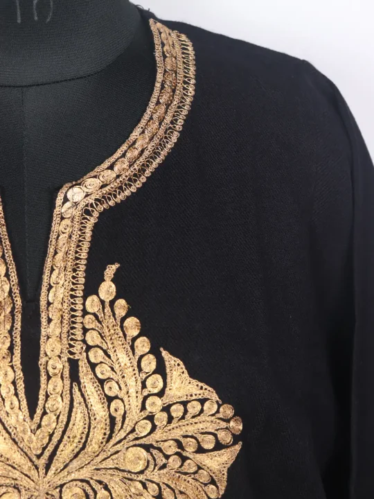 Kashmiri Black Cashmilon Pheran for Women with Golden Botte Tilla Kadhai - Image 3