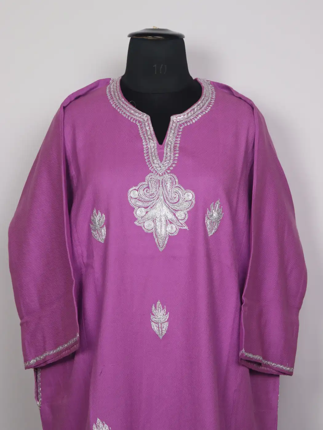 Kashmiri Purple Cashmilon Pheran for Women Nishaat with Silver Botte Tilla Needlework - Image 2