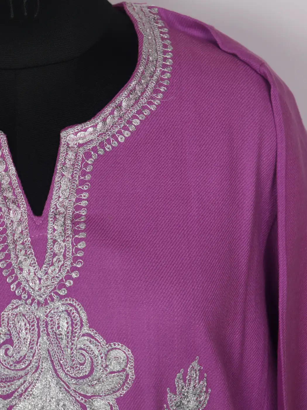 Kashmiri Purple Cashmilon Pheran for Women Nishaat with Silver Botte Tilla Needlework - Image 3