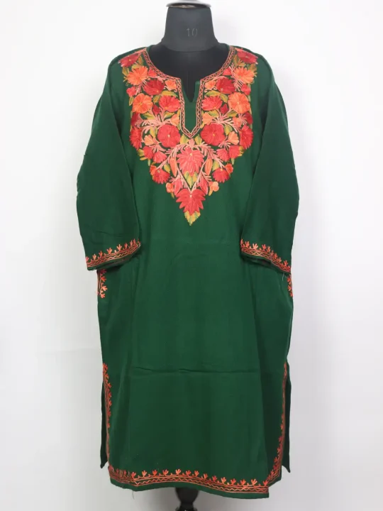 Alamzeb Green Kashmiri Cashmilon Pheran for Women with Floral Aari Work