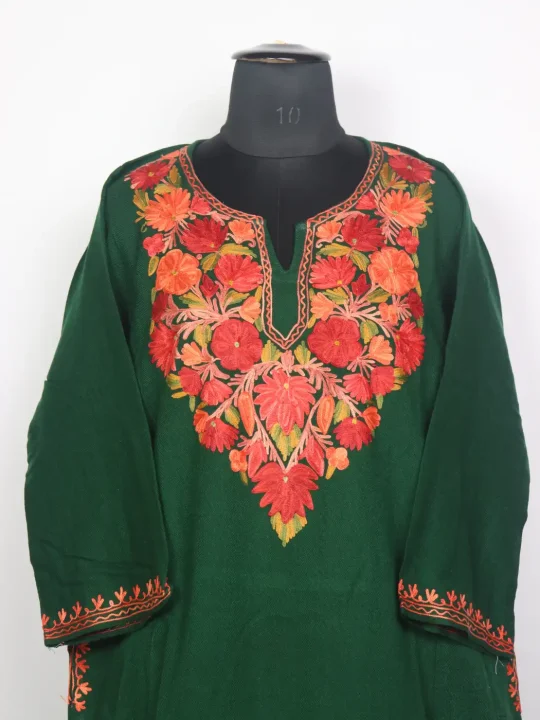 Alamzeb Green Kashmiri Cashmilon Pheran for Women with Floral Aari Work - Image 2