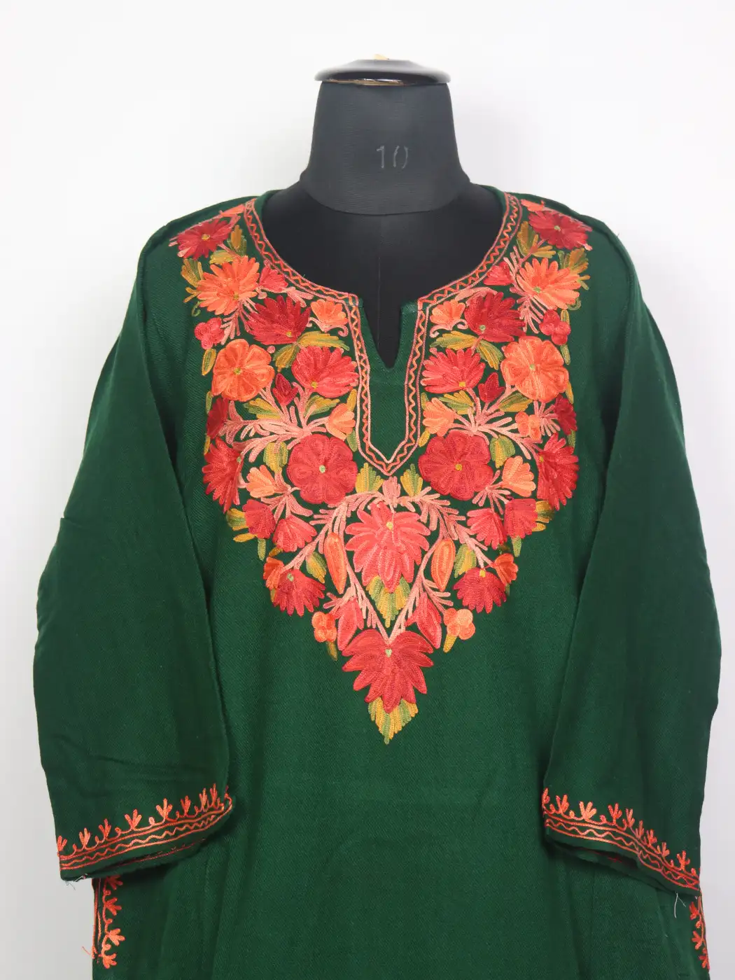 Alamzeb Green Kashmiri Cashmilon Pheran for Women with Floral Aari Work - Image 2