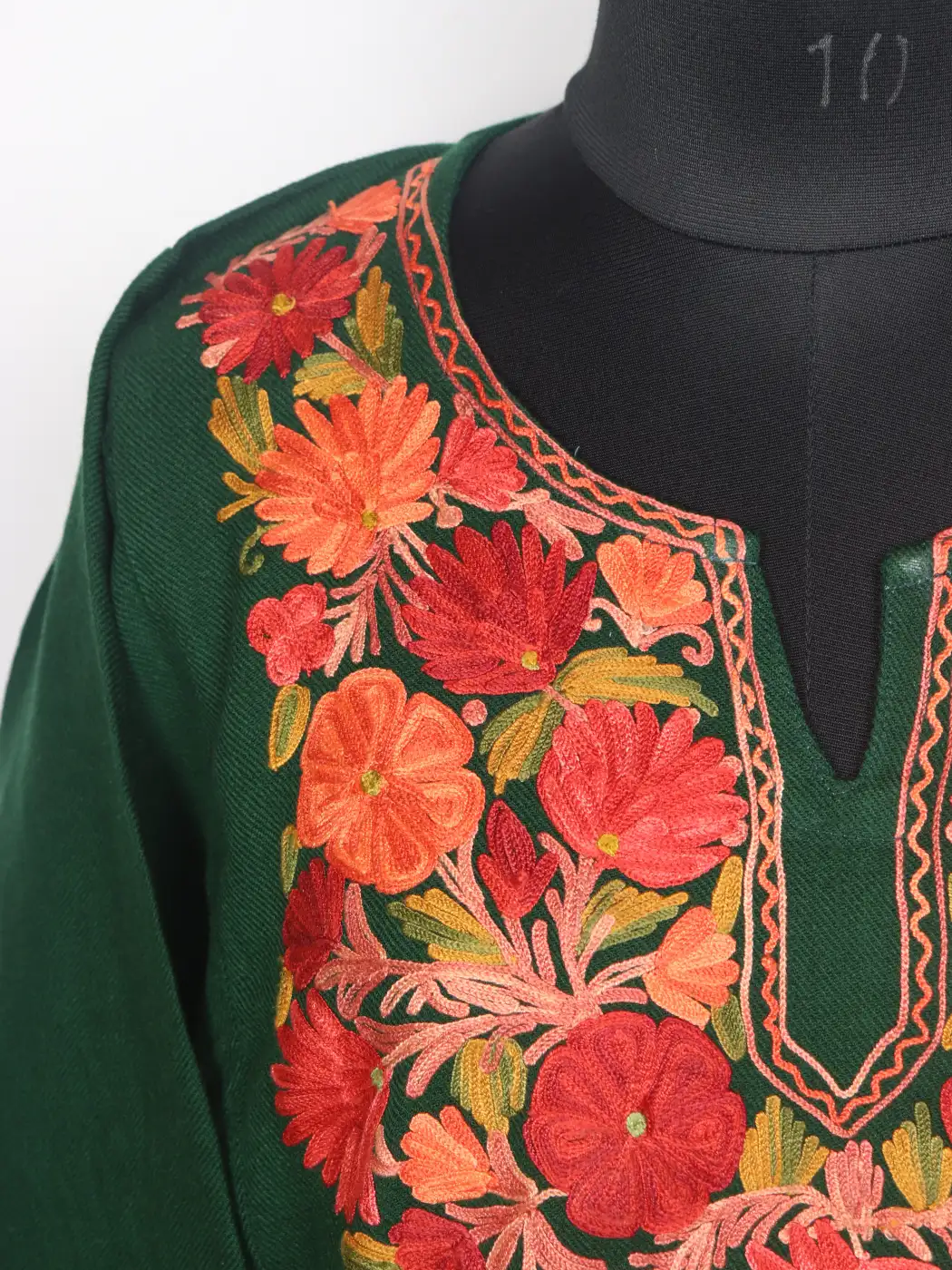 Alamzeb Green Kashmiri Cashmilon Pheran for Women with Floral Aari Work - Image 3