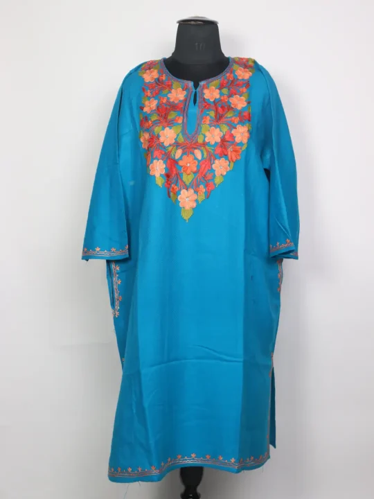 Kashmiri Alamzeb Turquoise Cashmilon Pheran for Women with Floral Aari Work