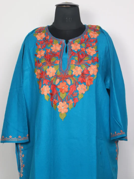 Kashmiri Alamzeb Turquoise Cashmilon Pheran for Women with Floral Aari Work - Image 2