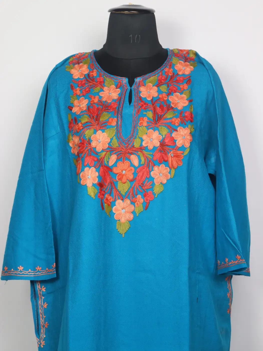 Kashmiri Alamzeb Turquoise Cashmilon Pheran for Women with Floral Aari Work - Image 2