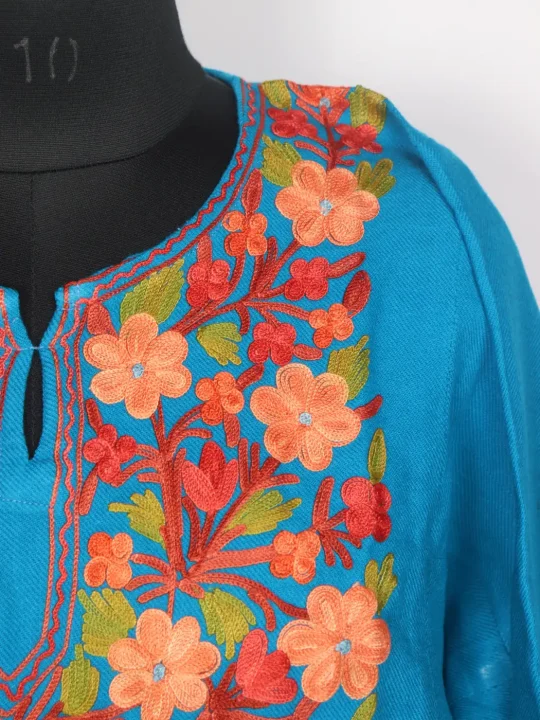 Kashmiri Alamzeb Turquoise Cashmilon Pheran for Women with Floral Aari Work - Image 3
