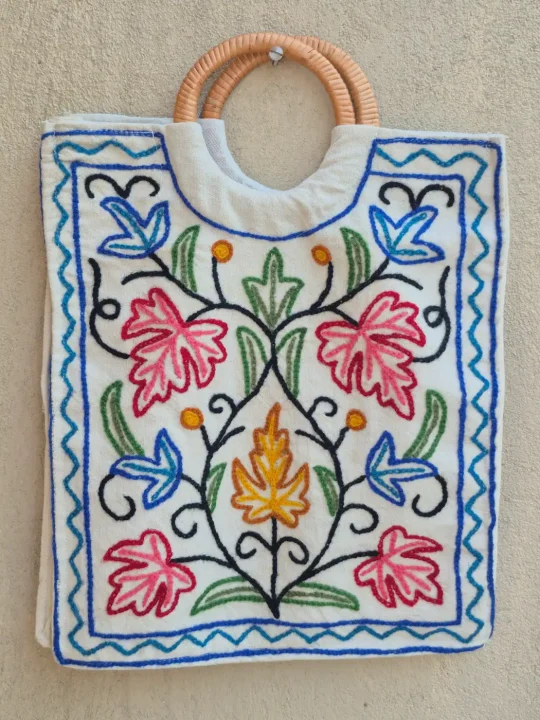 Doon Kashmiri Bag - Hand Embroidered Gulab Floral Wooden Ring Handle