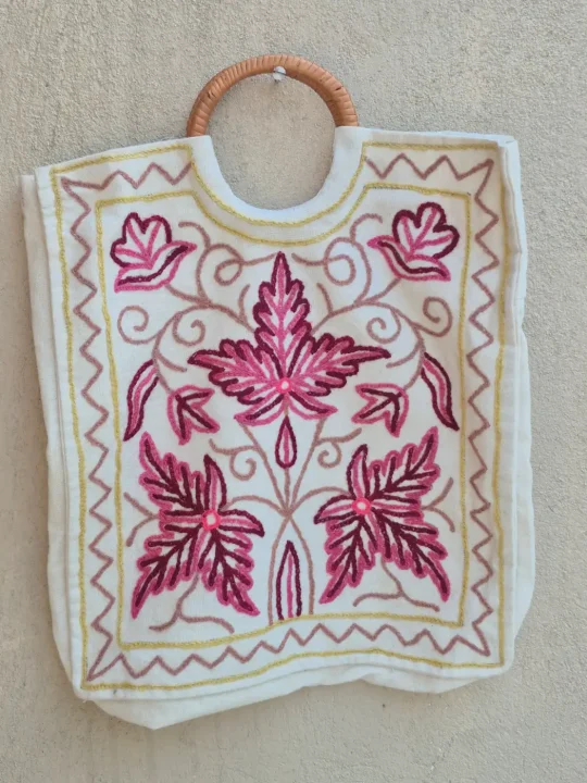 Sonmarg Kashmiri Hand Embroidered Floral Wooden Ring Handle Bag