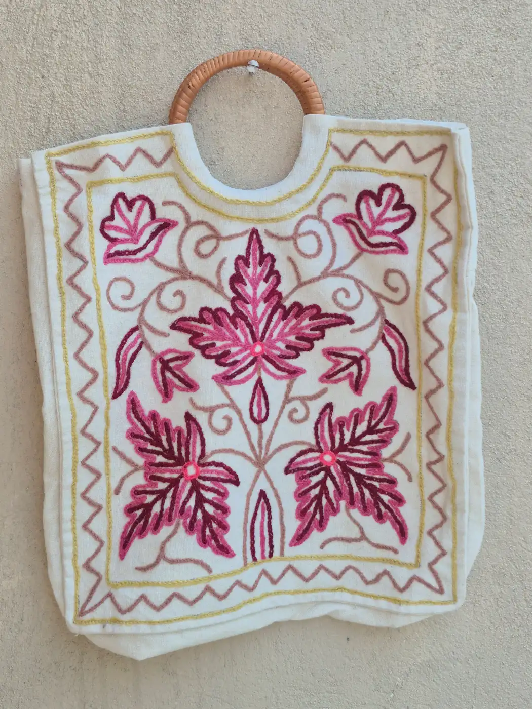 Sonmarg Kashmiri Hand Embroidered Floral Wooden Ring Handle Bag