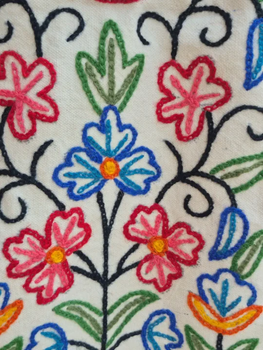 Kashmiri Canvas Hand Embroidered Kashish Floral Wooden Ring Handle Bag - Image 2
