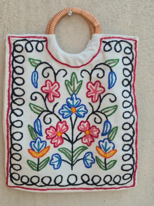 Kashmiri Canvas Hand Embroidered Kashish Floral Wooden Ring Handle Bag
