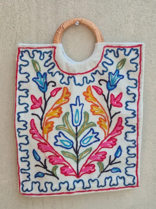 Shagufta Kashmiri Bag Hand Embroidered Floral and Wooden Ring Handle