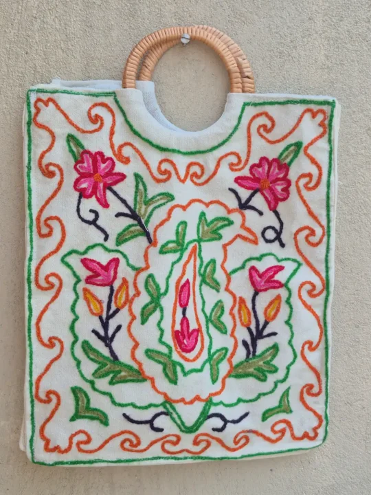Naaz Kashmiri Bag Hand Embroidered With Wooden Ring Handle
