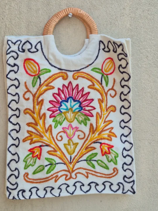 Kashmiri Bag Hand Embroidered Tulip Garden Ring Handle