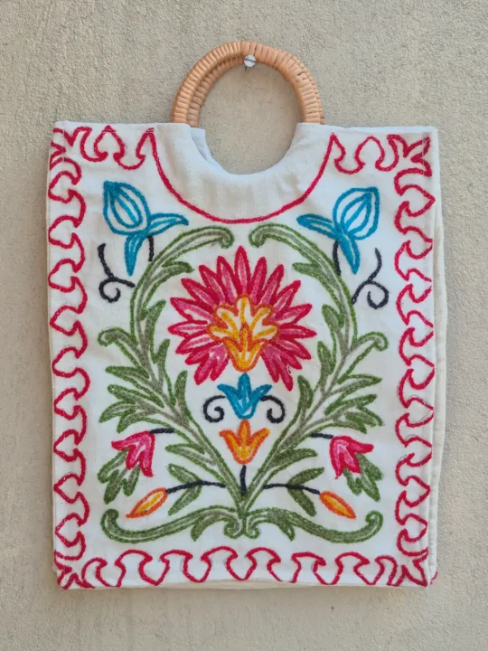 Kashmiri Golaab White Dusoot Hand Embroidered Bag With Floral Work