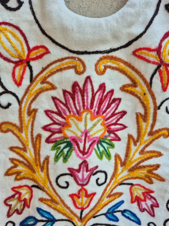 Kashmiri Hand Embroidered Ring Bag with Naqsh Floral Crewel Work and Wooden Handle - Image 2