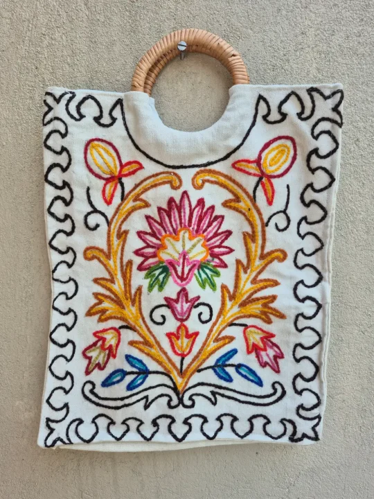 Kashmiri Hand Embroidered Ring Bag with Naqsh Floral Crewel Work and Wooden Handle