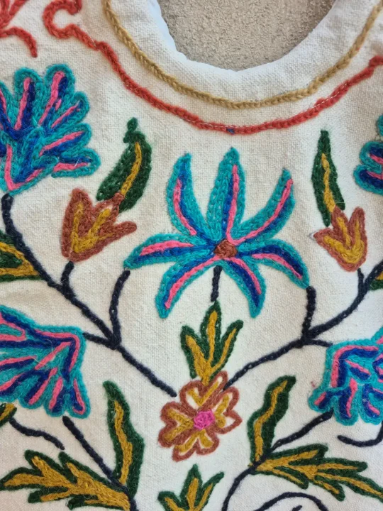 Zeba Kashmiri Hand Embroidered Ring Bag with Multicolor Crewel Floral Work and Wooden Handle - Image 2