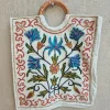 Zeba Kashmiri Hand Embroidered Ring Bag with Multicolor Crewel Floral Work and Wooden Handle