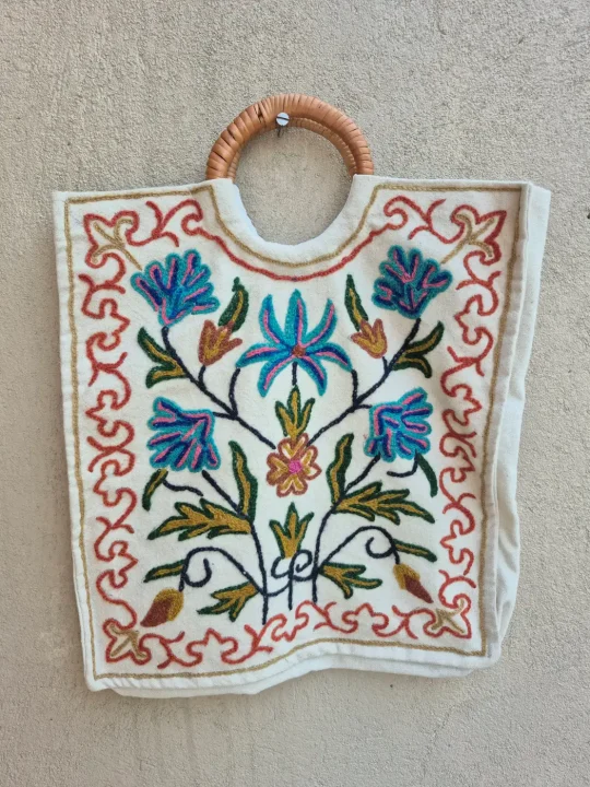 Zeba Kashmiri Hand Embroidered Ring Bag with Multicolor Crewel Floral Work and Wooden Handle