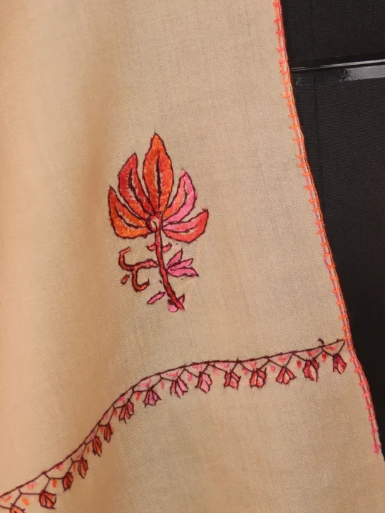 Kashmiri Toosha Stole for Women | Gulchehra Beige with Paper Machie Style Hand Sozni Work - Image 2