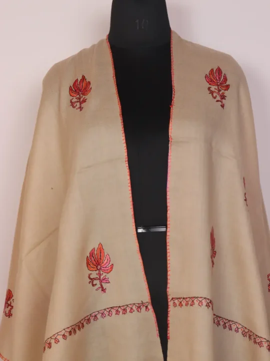 Kashmiri Toosha Stole for Women | Gulchehra Beige with Paper Machie Style Hand Sozni Work - Image 3