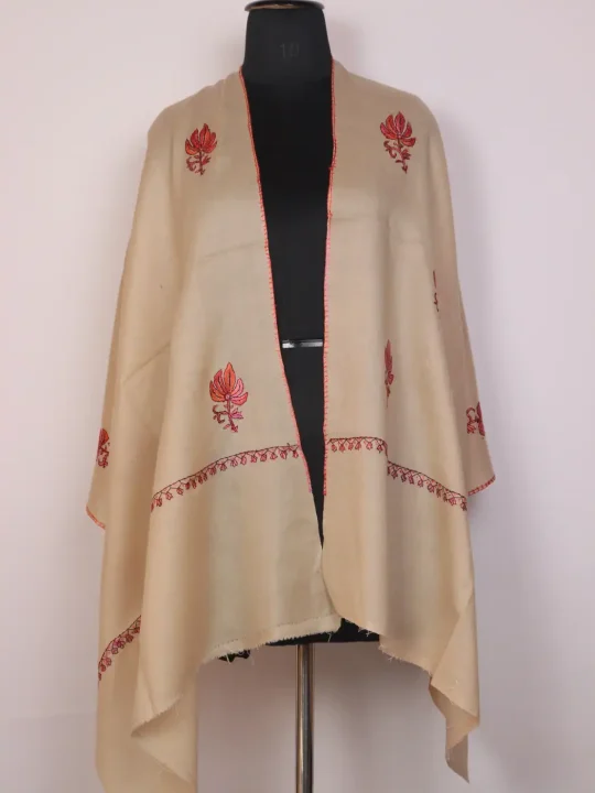 Kashmiri Toosha Stole for Women | Gulchehra Beige with Paper Machie Style Hand Sozni Work