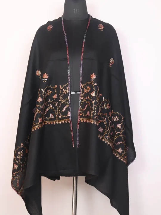 Gulnaar Siyah Kashmiri Toosha Stole for Women with Paper Machie Style Hand Sozni Work