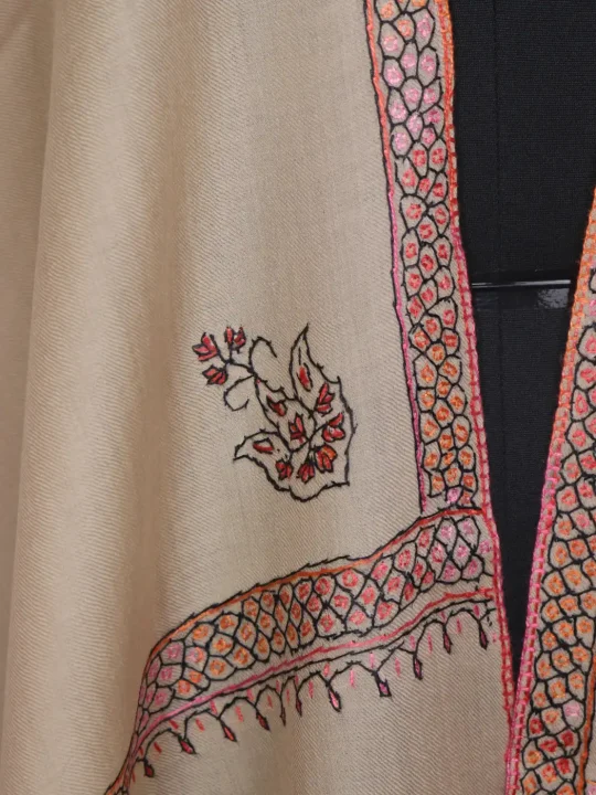 Kashmiri Toosha Stole for Women | Rukhsar Beige with Paper Machie Style Hand Sozni Work - Image 2