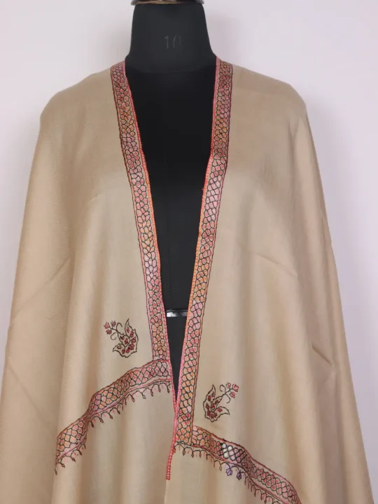 Kashmiri Toosha Stole for Women | Rukhsar Beige with Paper Machie Style Hand Sozni Work - Image 3