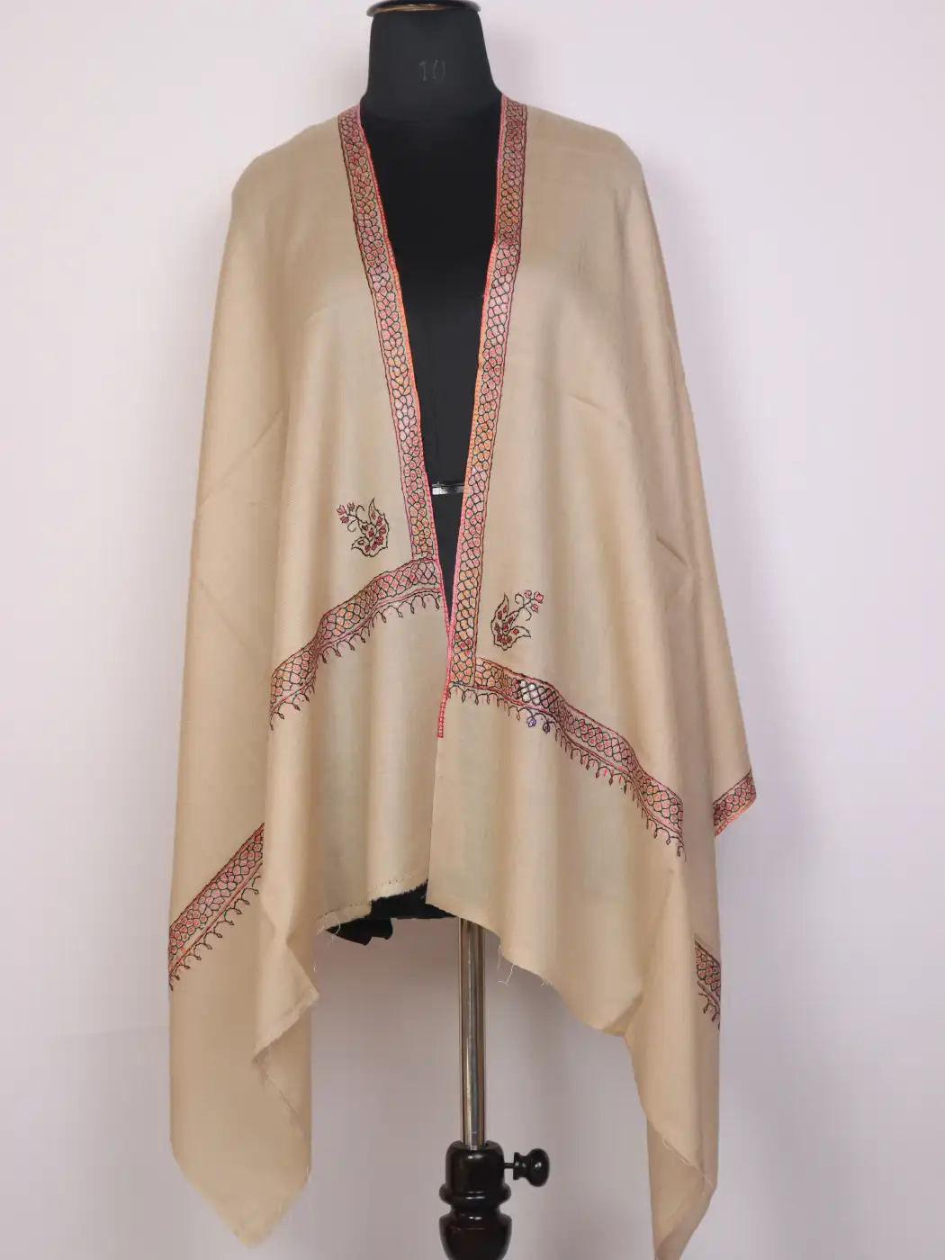 Kashmiri Toosha Stole for Women | Rukhsar Beige with Paper Machie Style Hand Sozni Work