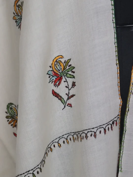Kashmiri Gulbadan Ivory Toosha Stole for Women with Paper Machie Style Hand Sozni Work - Image 2