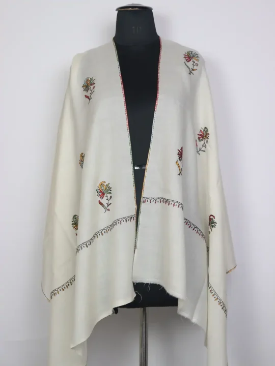 Kashmiri Gulbadan Ivory Toosha Stole for Women with Paper Machie Style Hand Sozni Work