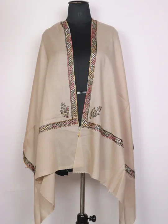 Naaz Beige Kashmiri Toosha Stole for Women with Paper Machie Style Hand Sozni Work