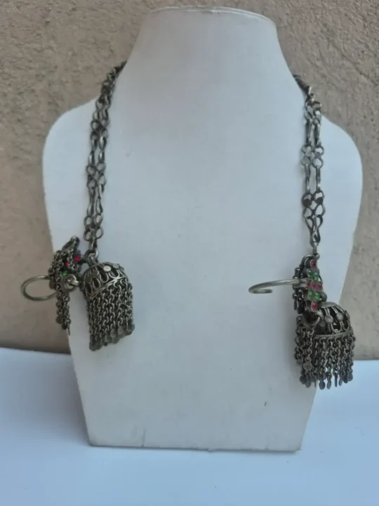 Vintage Kashmiri Kanavji Long Earrings Handmade Over-the-Head Jewellery with Dilkash Dome Details
