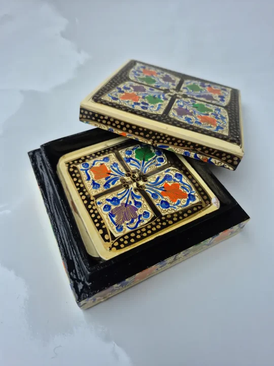 Kashmiri Paper Mache Square Coaster Box – Gulnaar - Image 3